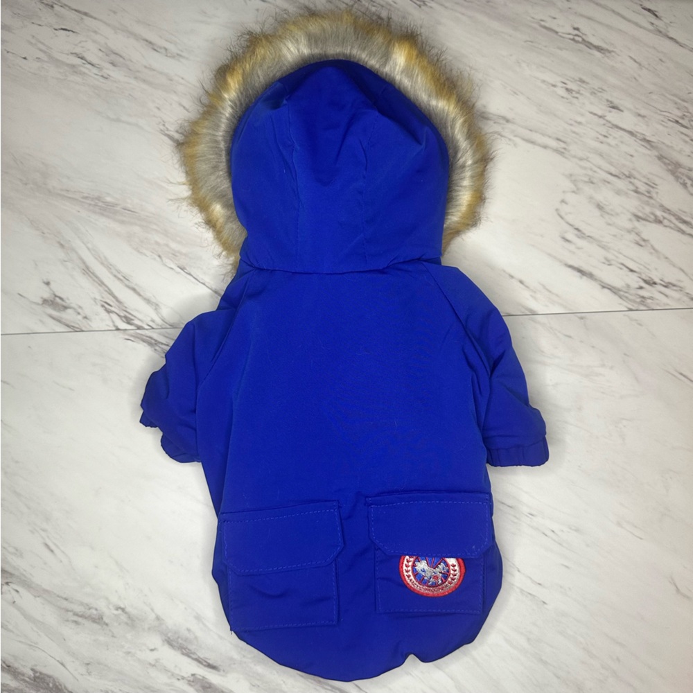 Pet Winter Parka - Faux Fur Hood & Pockets - Blue - Size Large (30cm) - Picture 2 of 15